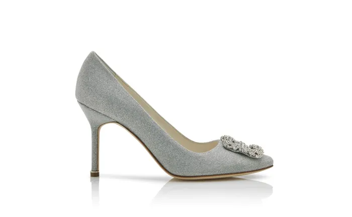 Women Hangisi Manolo Blahnik HANGISI GLITTER BRIDE Silver Glitter Fabric Jewel Buckle Pumps
