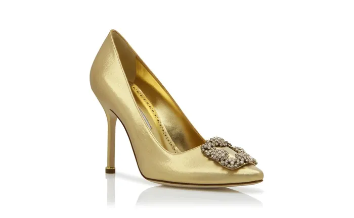 Women Hangisi Manolo Blahnik HANGISI Gold Fabric Jewel Buckle Pumps