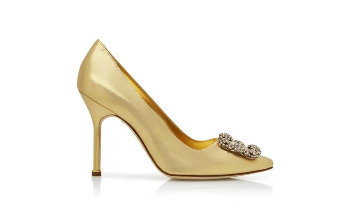 Women Hangisi Manolo Blahnik HANGISI Gold Fabric Jewel Buckle Pumps Women Hangisi Manolo Blahnik HANGISI Gold Fabric Jewel Buckle Pumps