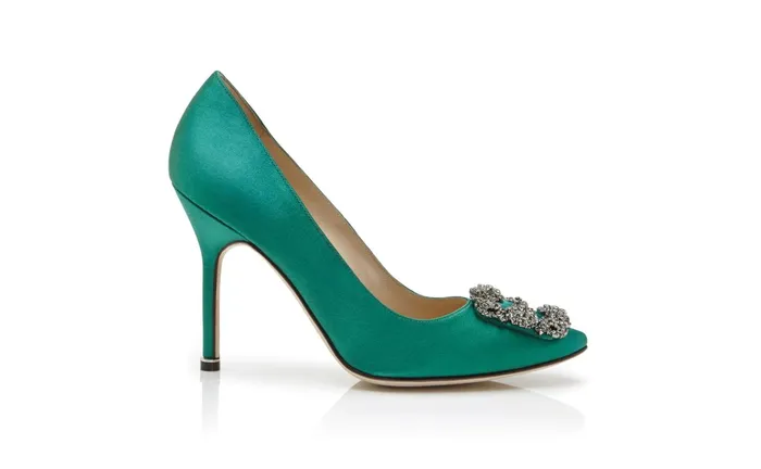 Women Hangisi Manolo Blahnik HANGISI Green Satin Jewel Buckle Pumps