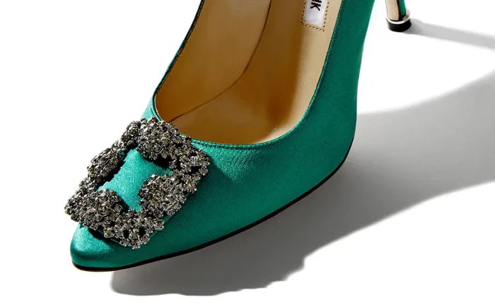 Women Hangisi Manolo Blahnik HANGISI Green Satin Jewel Buckle Pumps Women Hangisi Manolo Blahnik HANGISI Green Satin Jewel Buckle Pumps