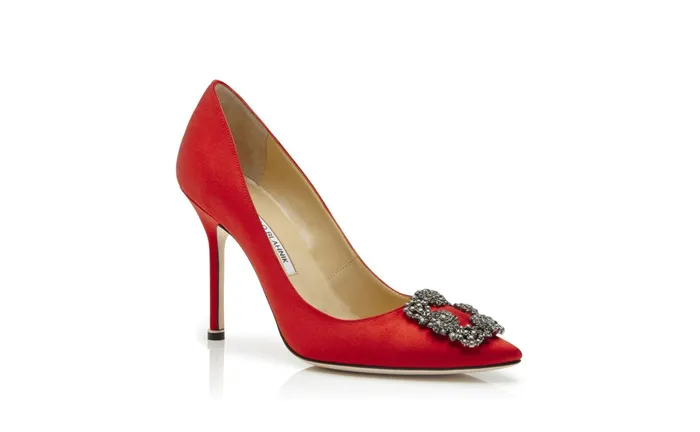 Women Hangisi Manolo Blahnik HANGISI Red Satin Jewel Buckle Pumps