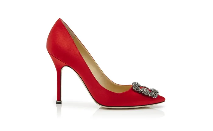 Women Hangisi Manolo Blahnik HANGISI Red Satin Jewel Buckle Pumps Women Hangisi Manolo Blahnik HANGISI Red Satin Jewel Buckle Pumps