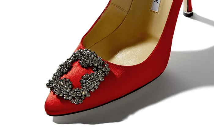 Women Hangisi Manolo Blahnik HANGISI Red Satin Jewel Buckle Pumps Women Hangisi Manolo Blahnik HANGISI Red Satin Jewel Buckle Pumps