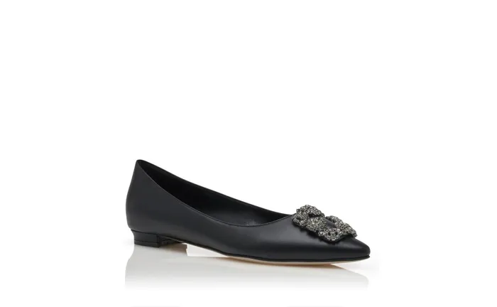 Women Hangisi Manolo Blahnik HANGISIFLAT Black Calf Leather Jewel Buckle Flat Shoes Women Hangisi Manolo Blahnik HANGISIFLAT Black Calf Leather Jewel Buckle Flat Shoes