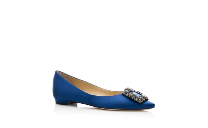 Women Hangisi Manolo Blahnik HANGISIFLAT Blue Satin Jewel Buckle Flat Shoes