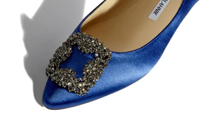 Women Hangisi Manolo Blahnik HANGISIFLAT Blue Satin Jewel Buckle Flat Shoes Women Hangisi Manolo Blahnik HANGISIFLAT Blue Satin Jewel Buckle Flat Shoes