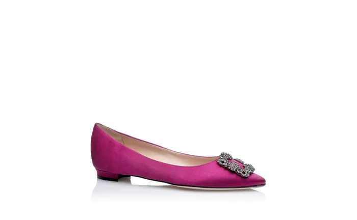 Women Hangisi Manolo Blahnik HANGISIFLAT Dark Fuchsia Satin Jewel Buckle Flat Shoes Women Hangisi Manolo Blahnik HANGISIFLAT Dark Fuchsia Satin Jewel Buckle Flat Shoes