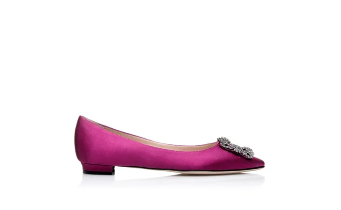 Women Hangisi Manolo Blahnik HANGISIFLAT Dark Fuchsia Satin Jewel Buckle Flat Shoes Women Hangisi Manolo Blahnik HANGISIFLAT Dark Fuchsia Satin Jewel Buckle Flat Shoes