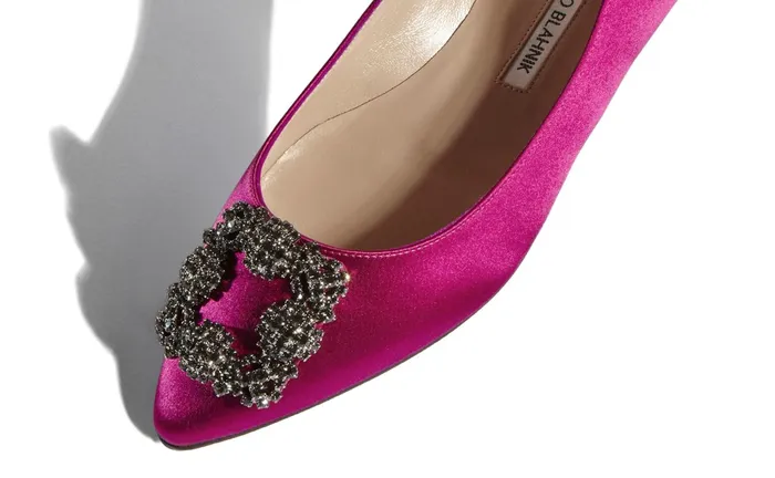 Women Hangisi Manolo Blahnik HANGISIFLAT Dark Fuchsia Satin Jewel Buckle Flat Shoes Women Hangisi Manolo Blahnik HANGISIFLAT Dark Fuchsia Satin Jewel Buckle Flat Shoes