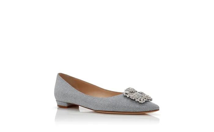 Women Hangisi Manolo Blahnik HANGISIFLAT GLITTER Silver Glitter Fabric Jewel Buckle Flat Shoes Women Hangisi Manolo Blahnik HANGISIFLAT GLITTER Silver Glitter Fabric Jewel Buckle Flat Shoes