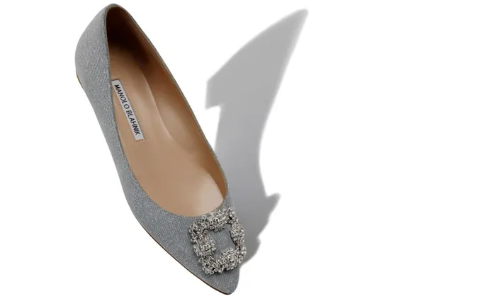 Women Hangisi Manolo Blahnik HANGISIFLAT GLITTER Silver Glitter Fabric Jewel Buckle Flat Shoes Women Hangisi Manolo Blahnik HANGISIFLAT GLITTER Silver Glitter Fabric Jewel Buckle Flat Shoes