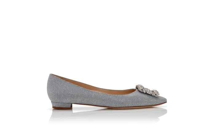 Women Hangisi Manolo Blahnik HANGISIFLAT GLITTER Silver Glitter Fabric Jewel Buckle Flat Shoes Women Hangisi Manolo Blahnik HANGISIFLAT GLITTER Silver Glitter Fabric Jewel Buckle Flat Shoes