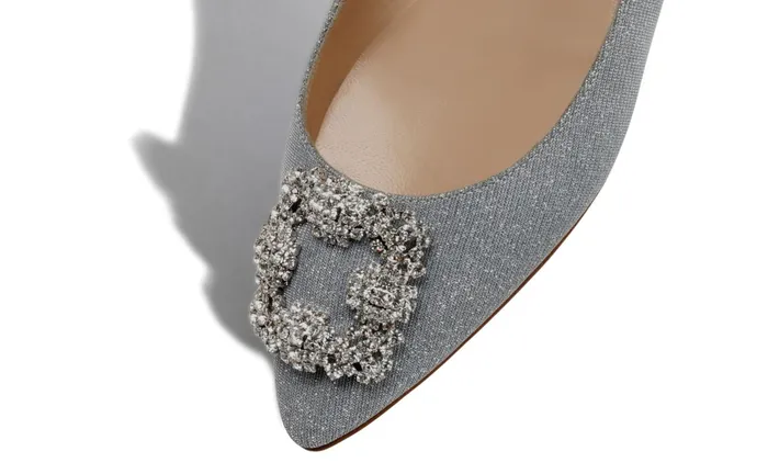 Women Hangisi Manolo Blahnik HANGISIFLAT GLITTER Silver Glitter Fabric Jewel Buckle Flat Shoes Women Hangisi Manolo Blahnik HANGISIFLAT GLITTER Silver Glitter Fabric Jewel Buckle Flat Shoes