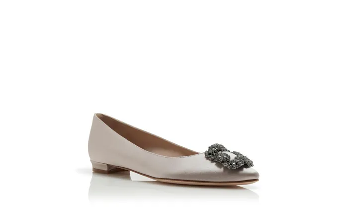 Women Hangisi Manolo Blahnik HANGISIFLAT Light Grey Satin Jewel Buckle Flat Shoes Women Hangisi Manolo Blahnik HANGISIFLAT Light Grey Satin Jewel Buckle Flat Shoes
