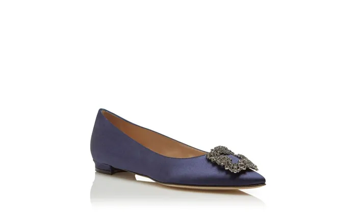 Women Hangisi Manolo Blahnik HANGISIFLAT Navy Satin Jewel Buckle Flat Shoes