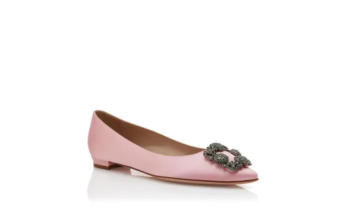 Women Hangisi Manolo Blahnik HANGISIFLAT Pink Satin Jewel Buckle Flat Shoes