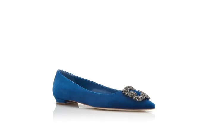 Women Hangisi Manolo Blahnik HANGISIFLAT VELVET Bright Blue Jewel Buckle Flat Shoes Women Hangisi Manolo Blahnik HANGISIFLAT VELVET Bright Blue Jewel Buckle Flat Shoes