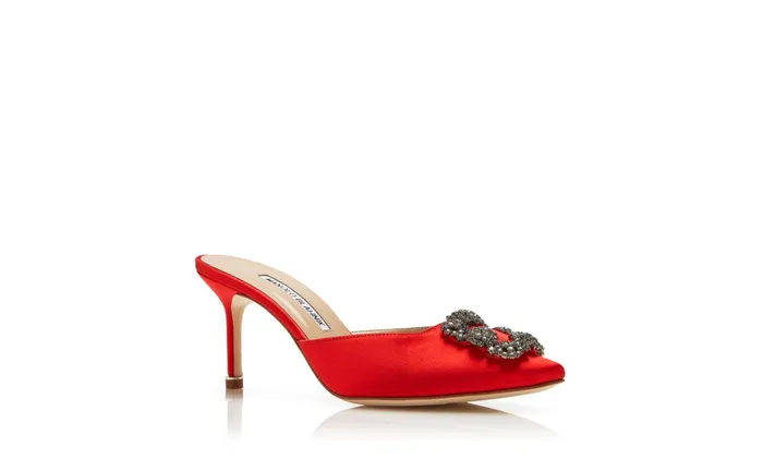 Women Hangisi Manolo Blahnik HANGISIMU Red Satin Jewel Buckle Mules