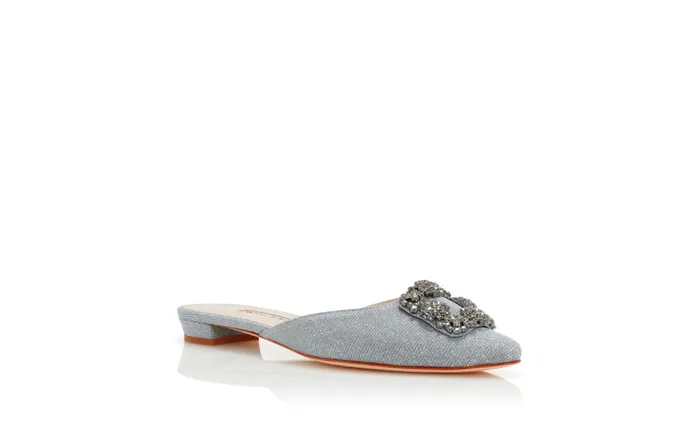 Women Hangisi Manolo Blahnik HANGISIMUFLAT GLITTER Silver Glitter Fabric Jewel Buckle Flat Mules Women Hangisi Manolo Blahnik HANGISIMUFLAT GLITTER Silver Glitter Fabric Jewel Buckle Flat Mules