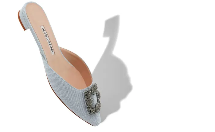 Women Hangisi Manolo Blahnik HANGISIMUFLAT GLITTER Silver Glitter Fabric Jewel Buckle Flat Mules Women Hangisi Manolo Blahnik HANGISIMUFLAT GLITTER Silver Glitter Fabric Jewel Buckle Flat Mules