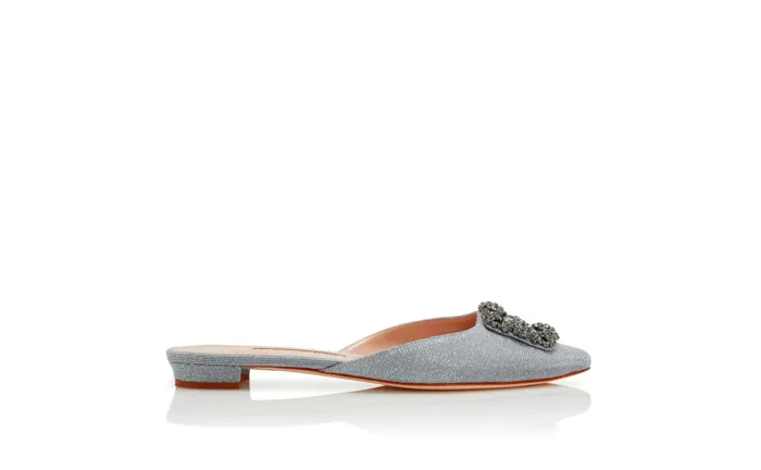 Women Hangisi Manolo Blahnik HANGISIMUFLAT GLITTER Silver Glitter Fabric Jewel Buckle Flat Mules Women Hangisi Manolo Blahnik HANGISIMUFLAT GLITTER Silver Glitter Fabric Jewel Buckle Flat Mules