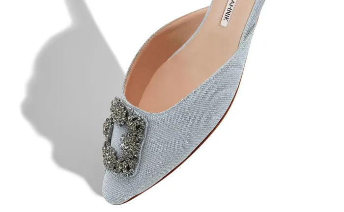 Women Hangisi Manolo Blahnik HANGISIMUFLAT GLITTER Silver Glitter Fabric Jewel Buckle Flat Mules Women Hangisi Manolo Blahnik HANGISIMUFLAT GLITTER Silver Glitter Fabric Jewel Buckle Flat Mules
