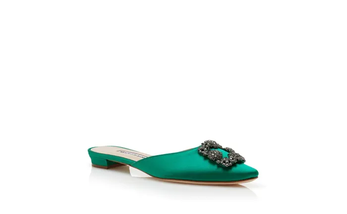 Women Hangisi Manolo Blahnik HANGISIMUFLAT Green Satin Jewel Buckle Flat Mules Women Hangisi Manolo Blahnik HANGISIMUFLAT Green Satin Jewel Buckle Flat Mules