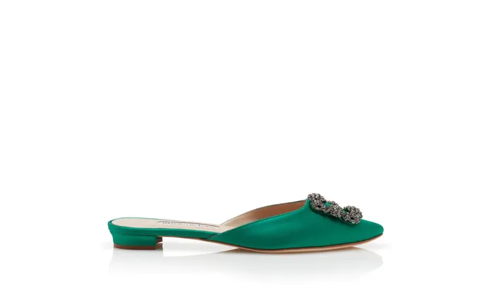 Women Hangisi Manolo Blahnik HANGISIMUFLAT Green Satin Jewel Buckle Flat Mules Women Hangisi Manolo Blahnik HANGISIMUFLAT Green Satin Jewel Buckle Flat Mules