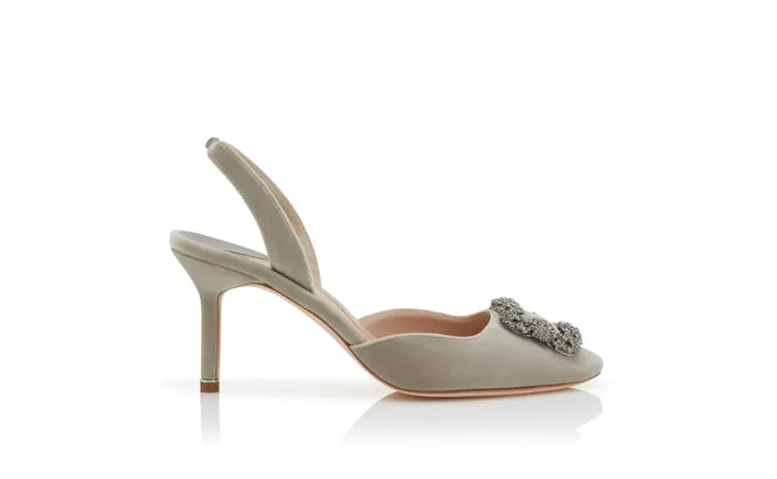 Women Hangisi Manolo Blahnik HANGISLI Light Grey Velvet Jewel Buckle Slingback Pumps Women Hangisi Manolo Blahnik HANGISLI Light Grey Velvet Jewel Buckle Slingback Pumps
