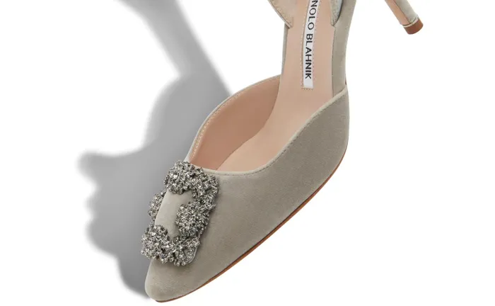 Women Hangisi Manolo Blahnik HANGISLI Light Grey Velvet Jewel Buckle Slingback Pumps Women Hangisi Manolo Blahnik HANGISLI Light Grey Velvet Jewel Buckle Slingback Pumps