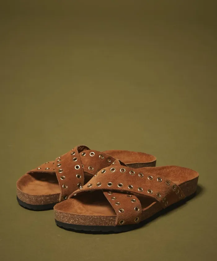 Women Hartford Accessories Camel Suede Leather Eyelets Sandals