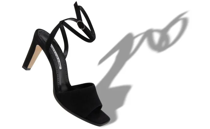 Women High Heels Manolo Blahnik ARASPE Black Suede Strappy Square Toe Sandals