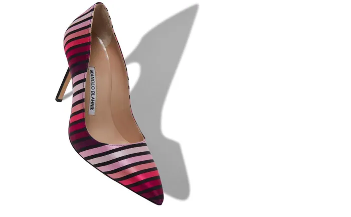 Women High Heels Manolo Blahnik BB Pink Striped Silk Pointed Toe Pumps Women High Heels Manolo Blahnik BB Pink Striped Silk Pointed Toe Pumps