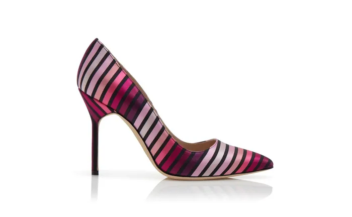 Women High Heels Manolo Blahnik BB Pink Striped Silk Pointed Toe Pumps Women High Heels Manolo Blahnik BB Pink Striped Silk Pointed Toe Pumps