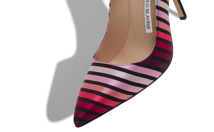 Women High Heels Manolo Blahnik BB Pink Striped Silk Pointed Toe Pumps Women High Heels Manolo Blahnik BB Pink Striped Silk Pointed Toe Pumps