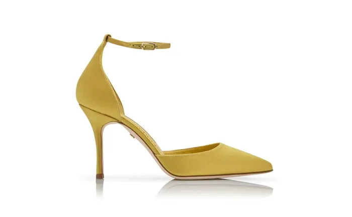Women High Heels Manolo Blahnik CAMPANILLA Mustard Yellow Satin Bell Charm Pumps Women High Heels Manolo Blahnik CAMPANILLA Mustard Yellow Satin Bell Charm Pumps