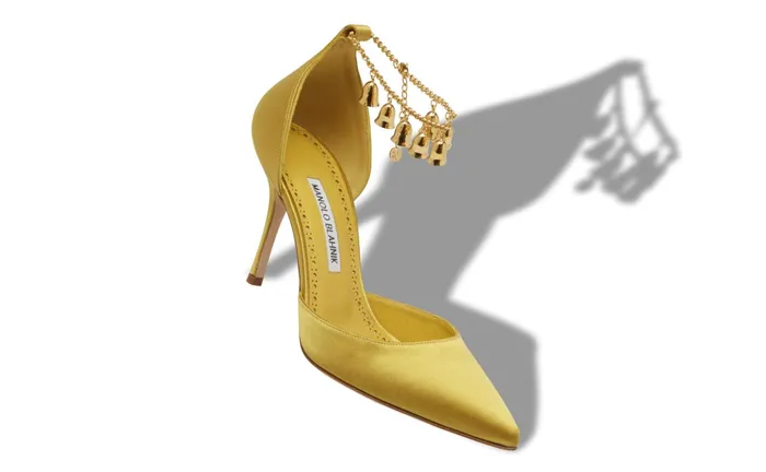 Women High Heels Manolo Blahnik CAMPANILLA Mustard Yellow Satin Bell Charm Pumps Women High Heels Manolo Blahnik CAMPANILLA Mustard Yellow Satin Bell Charm Pumps