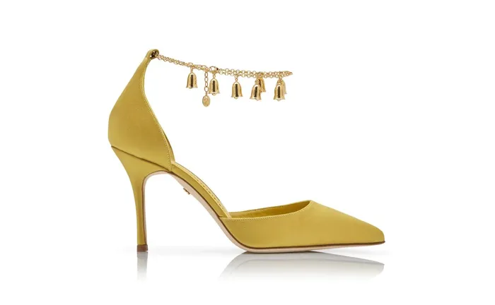 Women High Heels Manolo Blahnik CAMPANILLA Mustard Yellow Satin Bell Charm Pumps Women High Heels Manolo Blahnik CAMPANILLA Mustard Yellow Satin Bell Charm Pumps