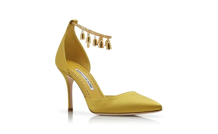 Women High Heels Manolo Blahnik CAMPANILLA Mustard Yellow Satin Bell Charm Pumps Women High Heels Manolo Blahnik CAMPANILLA Mustard Yellow Satin Bell Charm Pumps
