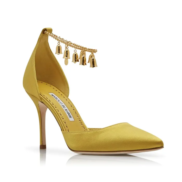 Women High Heels Manolo Blahnik CAMPANILLA Mustard Yellow Satin Bell Charm Pumps Women High Heels Manolo Blahnik CAMPANILLA Mustard Yellow Satin Bell Charm Pumps