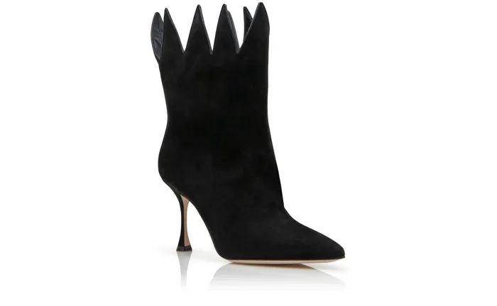 Women High Heels Manolo Blahnik CHICUELO Black Suede Zigzag CutOut Boots