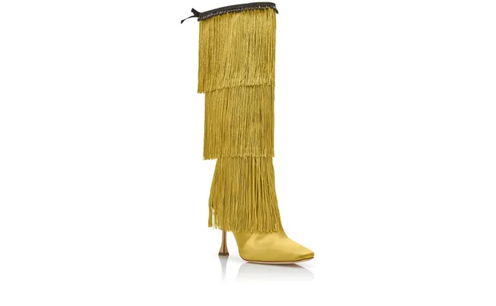 Women High Heels Manolo Blahnik FLEQUILLOHI Yellow Satin Fringe Detail Knee High Boots Women High Heels Manolo Blahnik FLEQUILLOHI Yellow Satin Fringe Detail Knee High Boots
