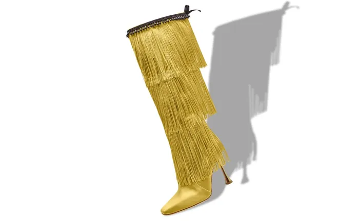 Women High Heels Manolo Blahnik FLEQUILLOHI Yellow Satin Fringe Detail Knee High Boots Women High Heels Manolo Blahnik FLEQUILLOHI Yellow Satin Fringe Detail Knee High Boots