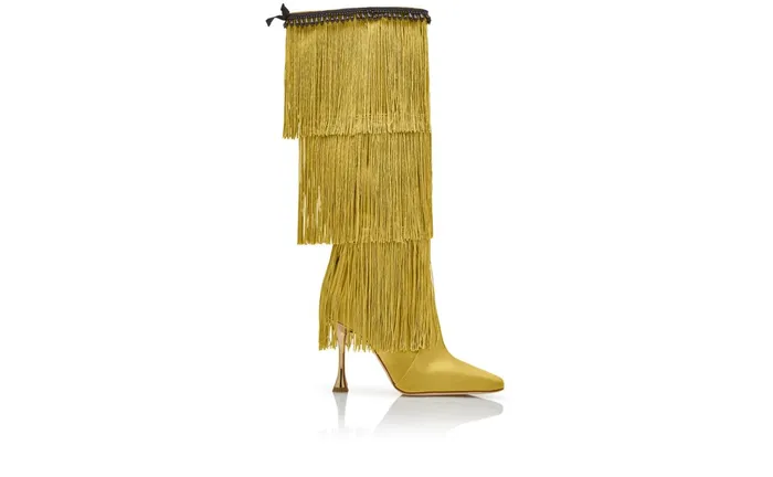 Women High Heels Manolo Blahnik FLEQUILLOHI Yellow Satin Fringe Detail Knee High Boots Women High Heels Manolo Blahnik FLEQUILLOHI Yellow Satin Fringe Detail Knee High Boots