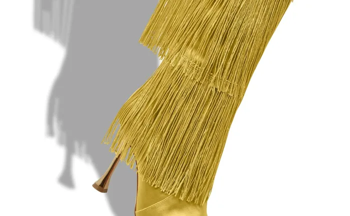Women High Heels Manolo Blahnik FLEQUILLOHI Yellow Satin Fringe Detail Knee High Boots Women High Heels Manolo Blahnik FLEQUILLOHI Yellow Satin Fringe Detail Knee High Boots