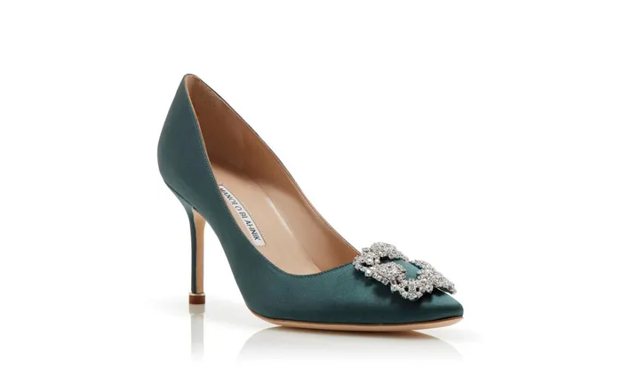 Women High Heels Manolo Blahnik HANGISI 90 Forest Green Satin Jewel Buckle Pumps Women High Heels Manolo Blahnik HANGISI 90 Forest Green Satin Jewel Buckle Pumps
