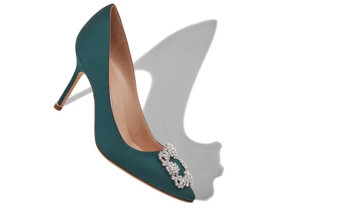 Women High Heels Manolo Blahnik HANGISI 90 Forest Green Satin Jewel Buckle Pumps Women High Heels Manolo Blahnik HANGISI 90 Forest Green Satin Jewel Buckle Pumps