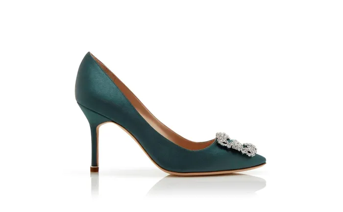 Women High Heels Manolo Blahnik HANGISI 90 Forest Green Satin Jewel Buckle Pumps Women High Heels Manolo Blahnik HANGISI 90 Forest Green Satin Jewel Buckle Pumps