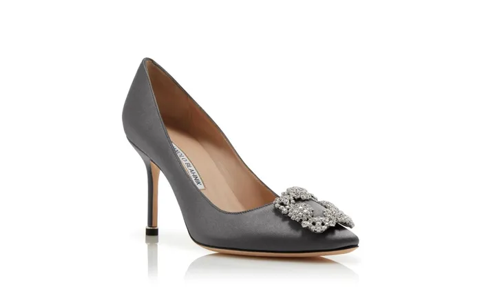 Women High Heels Manolo Blahnik HANGISI 90 Grey Satin Jewel Buckle Pumps